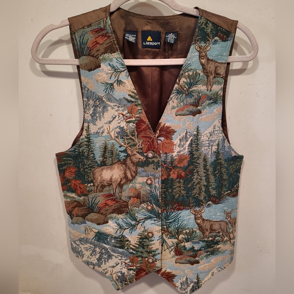 Lizsport Vintage Deer Print Tapestry Button Down Vest Sz 8 Outdoor Novelty Print - Picture 1 of 8